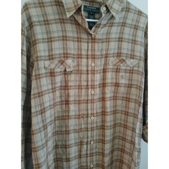 LRL Ralph Lauren 100% Linen Plaid Shirt Button Down Western Cottagecore Preppy M - Picture 2 of 7